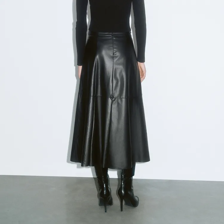 URBAN REVIVO Leather Long Skirt Women's Jet Black-3