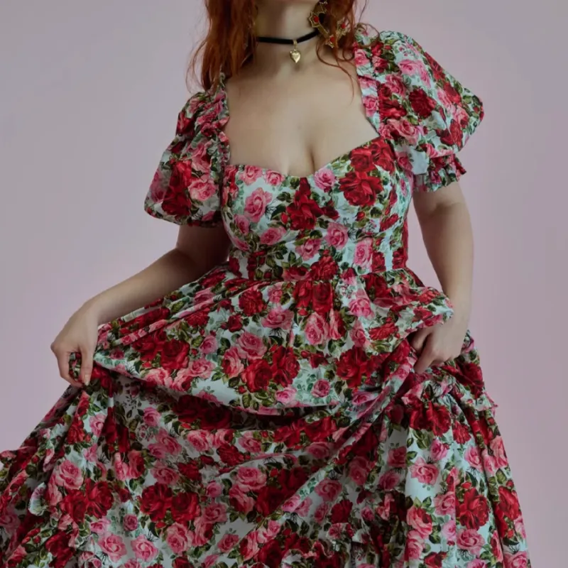 Selkie Collection SS25 Short Sleeved Dresses Women's White Base Rose Print-4