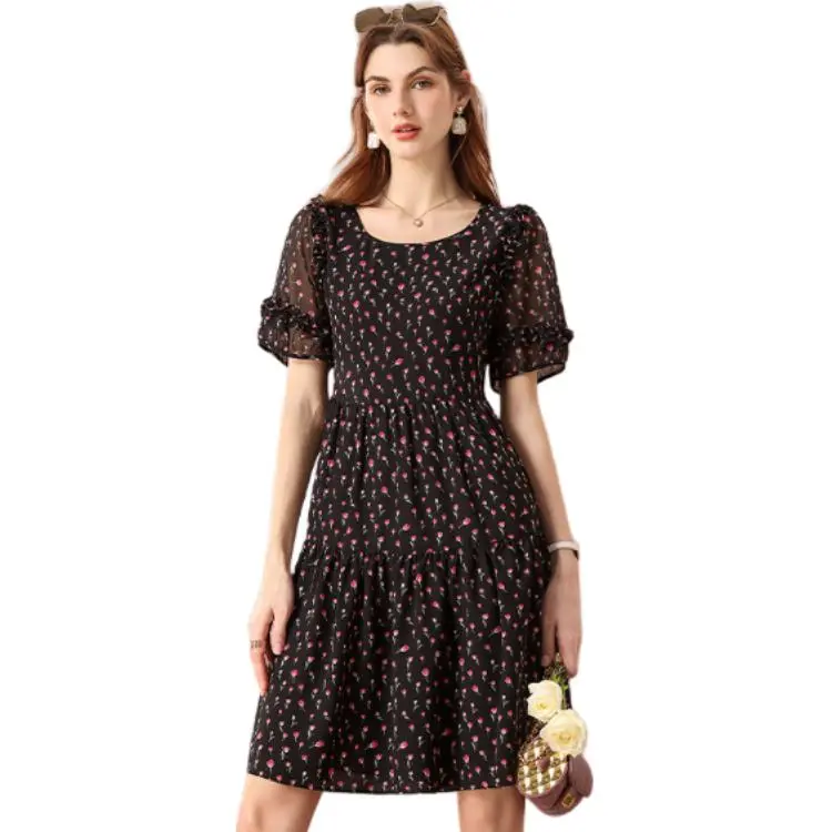 FENHONGMALI Short Sleeved Dress Women's Black-3