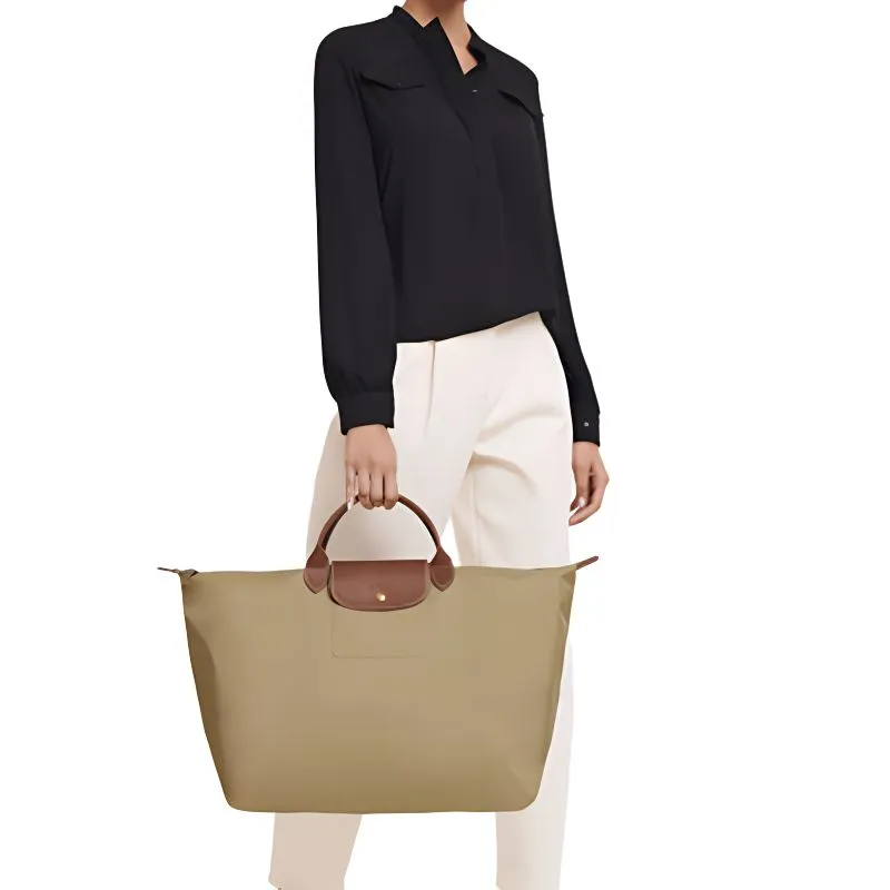 LONGCHAMP Le Pliage Large Cow Leather Trim Portable One Shoulder Travel Bag Large Size Women's Beige-4
