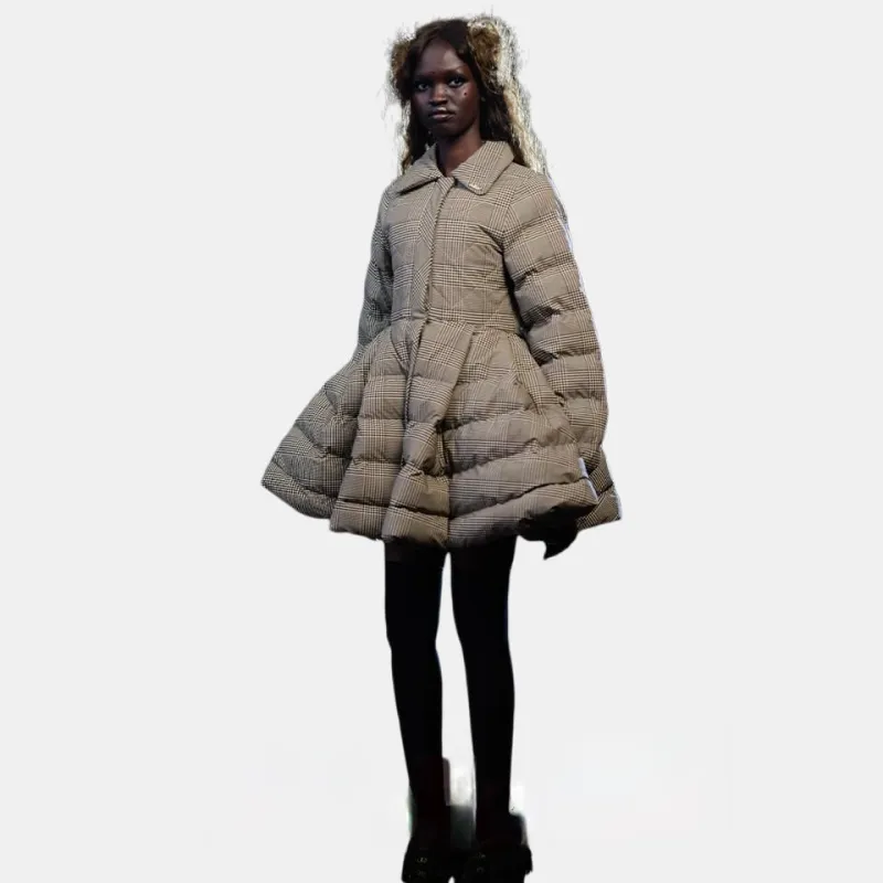 Selkie Collection FW24 Puffer Jacket Women's Brown Base With Houndstooth Plaid Print-3