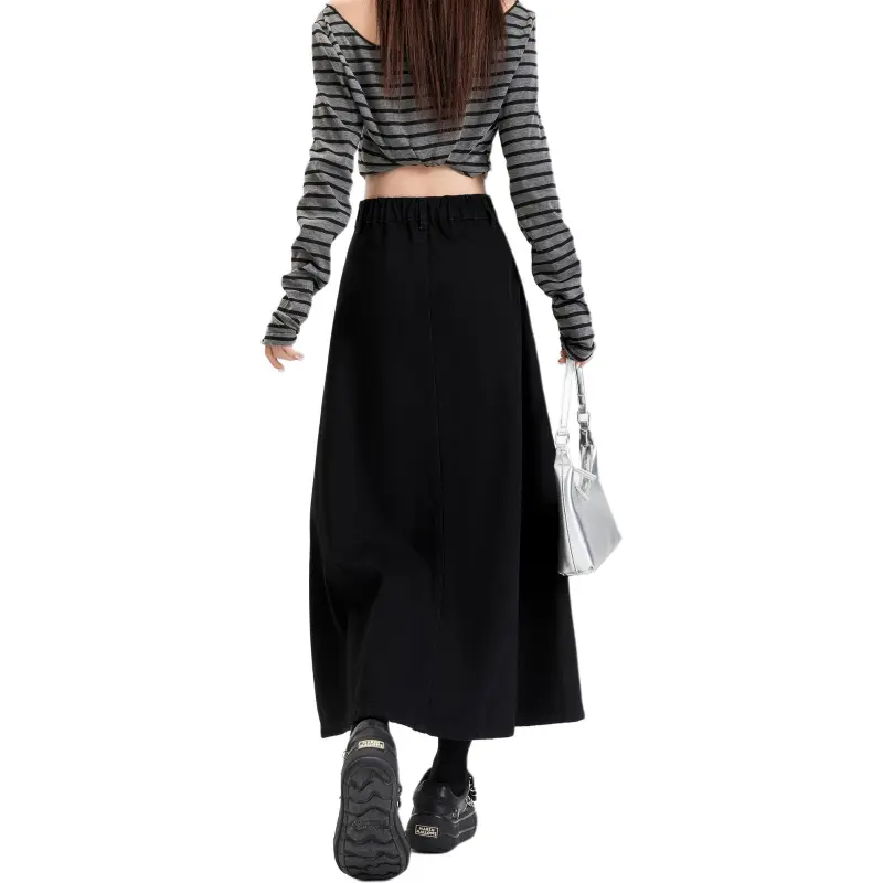 Wen Shan Denim Long Skirt Women's Black-1