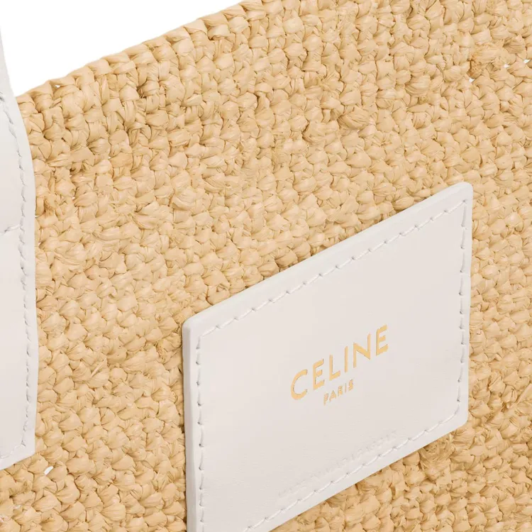 CELINE Classic Panier Series Raffia Shoulder Bag Medium Size Women's Beige & White-4