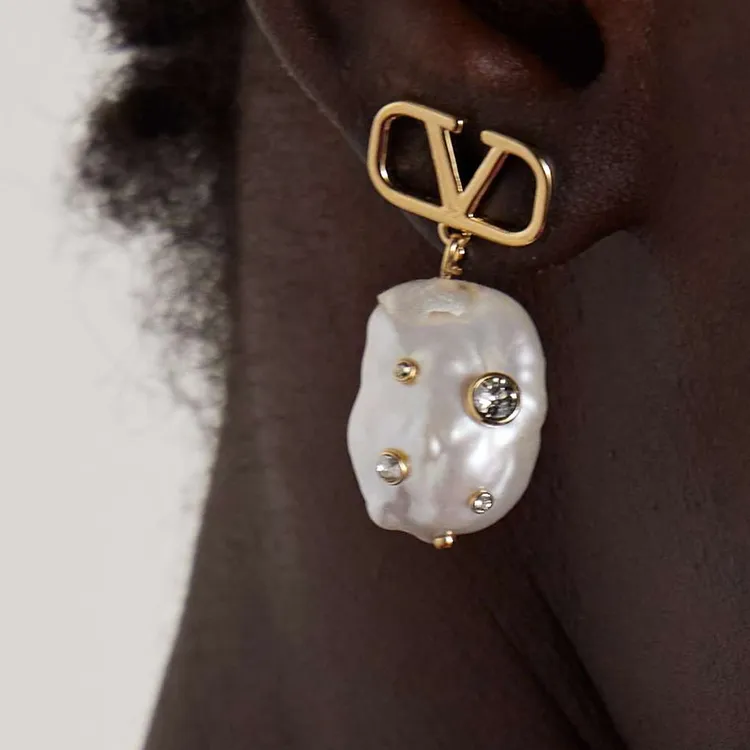 Valentino Pearl Crystal Earrings Unisex White/Gold-1