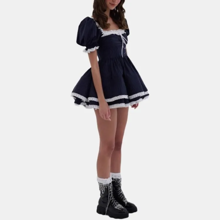 Selkie Collection FW24 Short Sleeved Dresses Women's Dark Blue Stripes Print-6