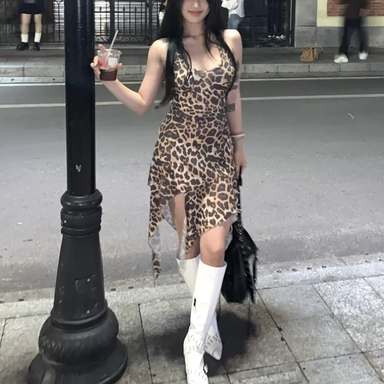 / Slip Dresses Women's Leopard Print Halter Dress-4