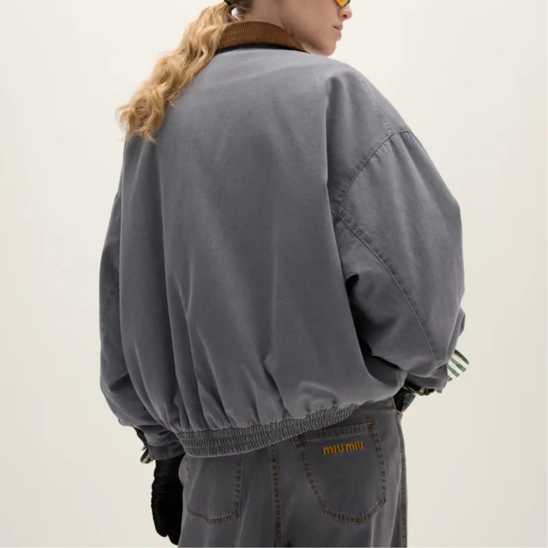 MIU MIU Velvet Collared Chambray Jacket Grey-2