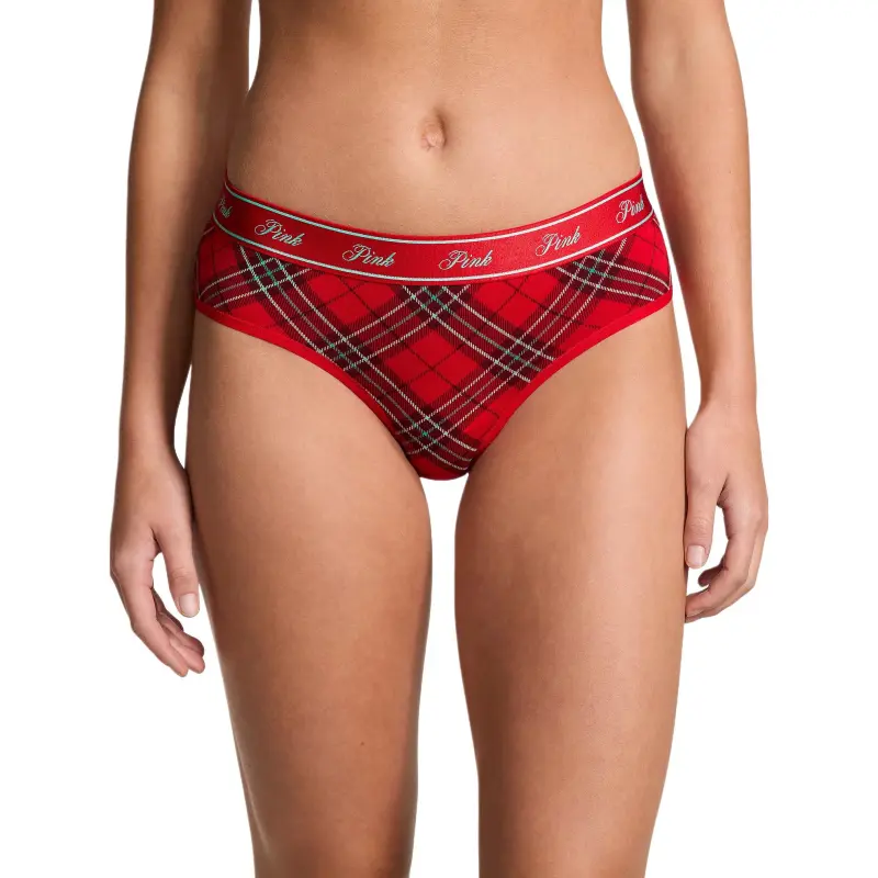 Victoria's Secret PINK Logo Hiphugger Panty / Bright Vermillion Plaid Print Underpants Women's 1 Pack Red-1
