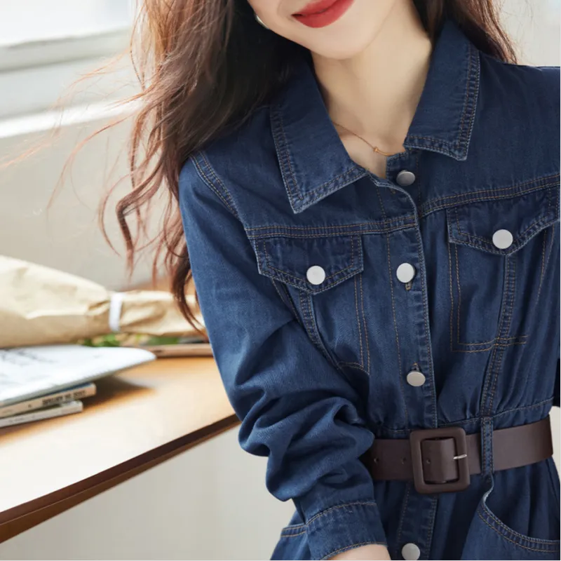 Mo Han Yi Mei Long Sleeved Dress Women's Denim Blue-4