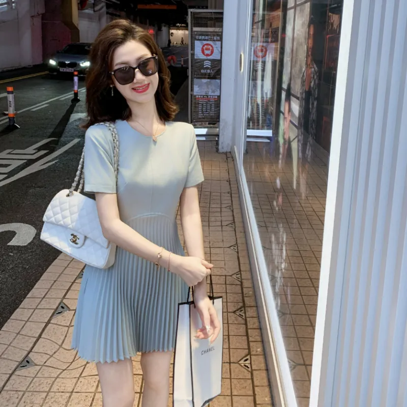 Fish Rabbits Short Sleeved Dress Women's Light Blue-3