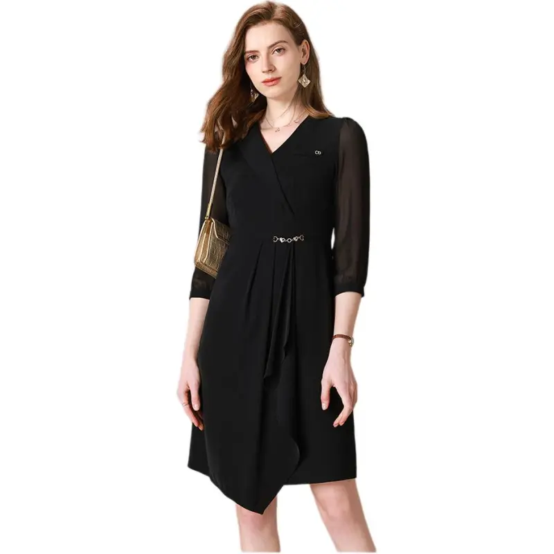 FENHONGMALI Long Sleeved Dress Women's Black-3