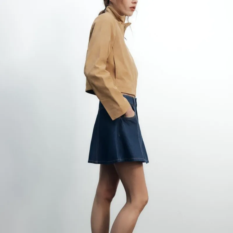 ZARA Trf Denim Short Skirts Women's Deep Indigo Cyan-4