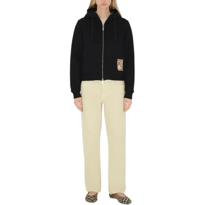 Burberry Check Label Zip Up Drawstring Hoodie-1