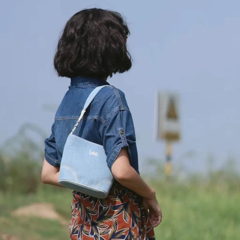 Lee Fabric+Artificial Leather Baby Blue Shoulder Bag, Bucket Bag, Shoulder Bag Regular Women's Vintage Light Cow-9