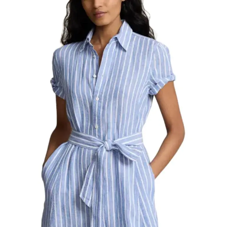 Polo Ralph Lauren Belted Striped Linen Shirtdress Short Sleeved Dress Women's Light Blue-3