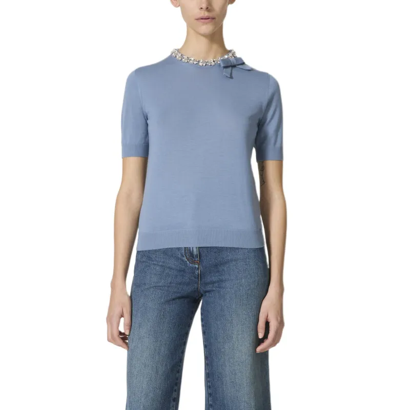 Valentino Embellished Fine Knit Crewneck T Shirt-2