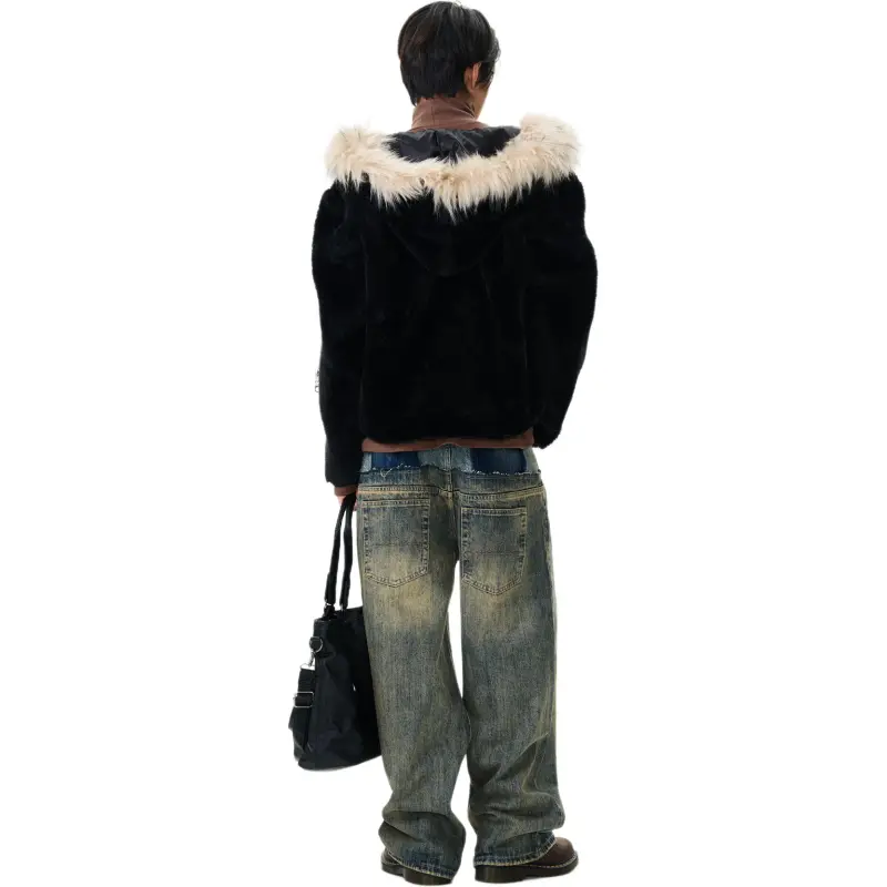 WLNEXT Fur Collar Coat Trendy Brand Premium Effortless Style Puffer Jacket Unisex Black-4