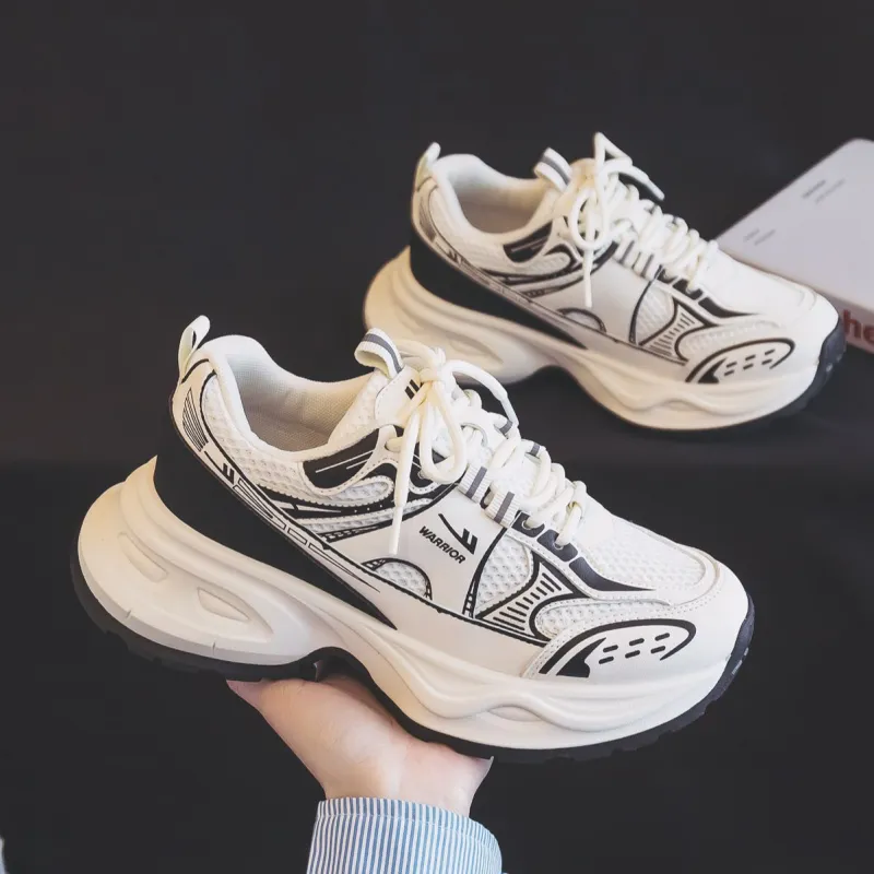 Warrior Warrior Height Increasing Wear Resistant Low Top Chunky Sneakers Women's Beige Black-6
