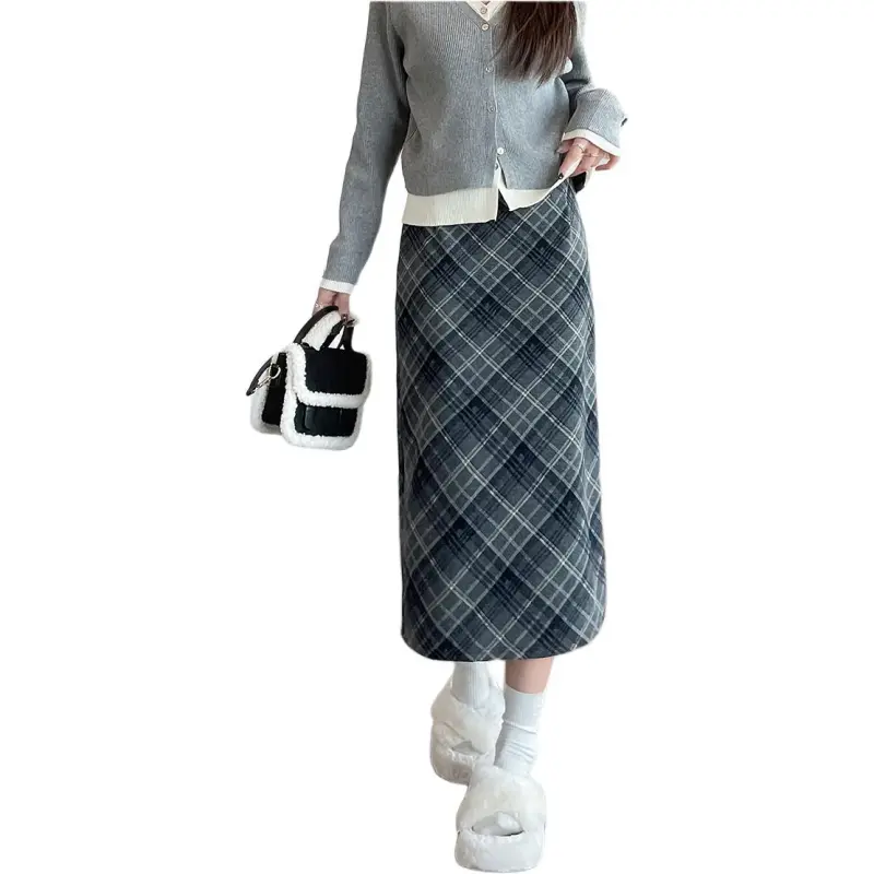 MM Casual Long Skirts Women's Blue Plaid-6