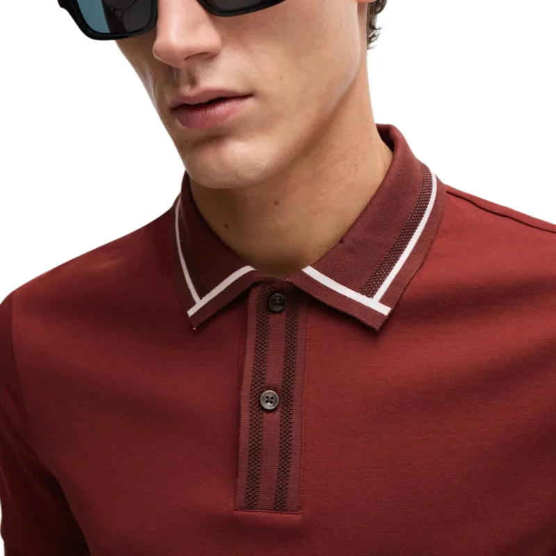 HUGO BOSS Mercerised Cotton Slim Fit Polo Shirt With Contrast Stripes Polo Shirt Men's Red-4