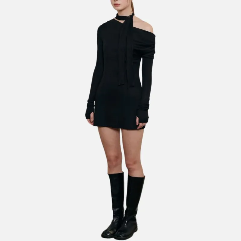 NOT YOUR ROSE FW24 Shirring Scarf Dress Skirt Set Women's Black-3