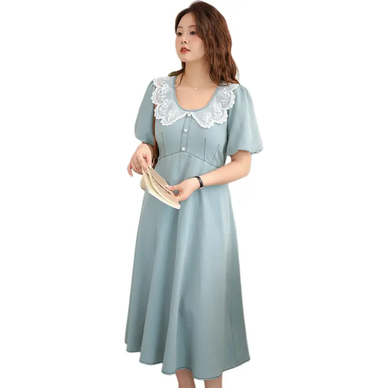 DAMABAIFENBAI Short Sleeved Dress Women's Vintage Blue-2