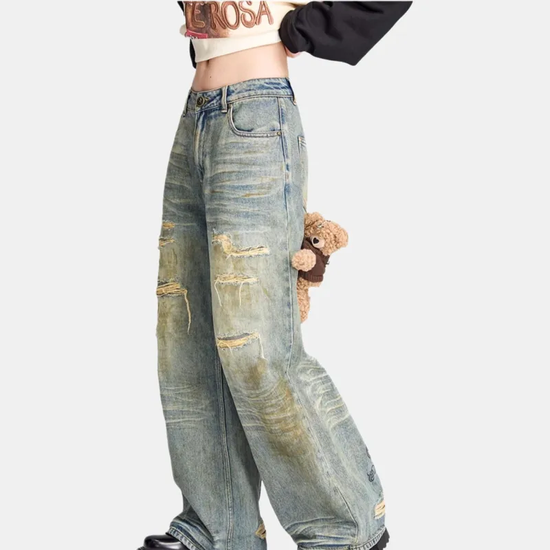 LALABOBO Jeans Unisex Medium Blue White-2
