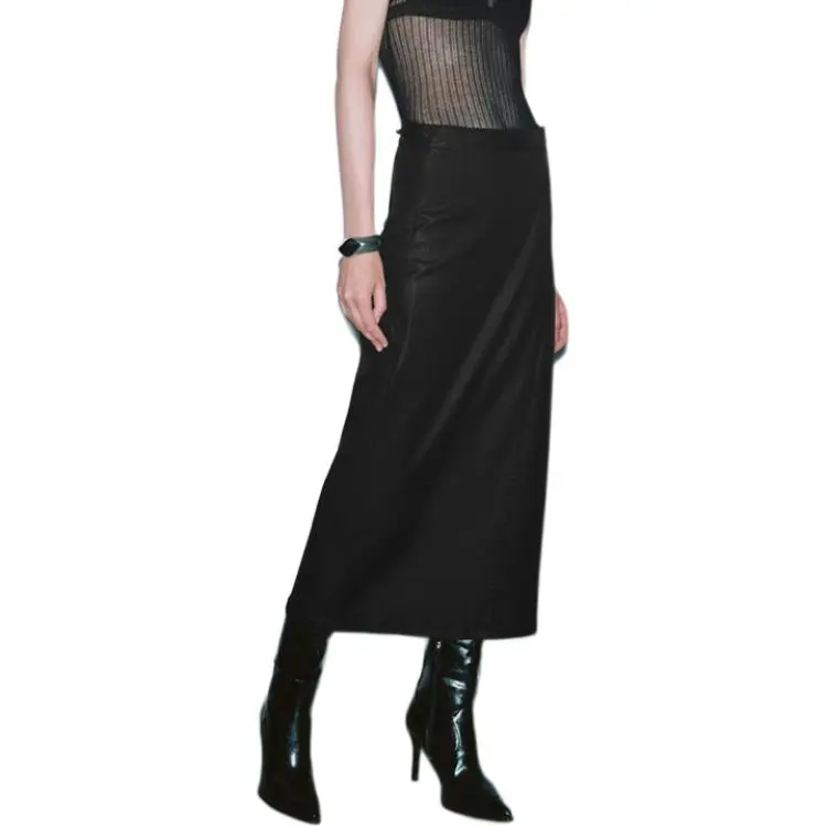 URBAN REVIVO Denim Long Skirt Women's Black-3