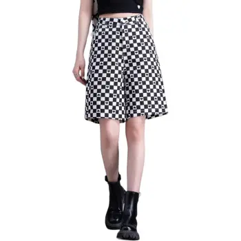 You Cow Me Pants Denim Shorts Women's Black White Plaid
