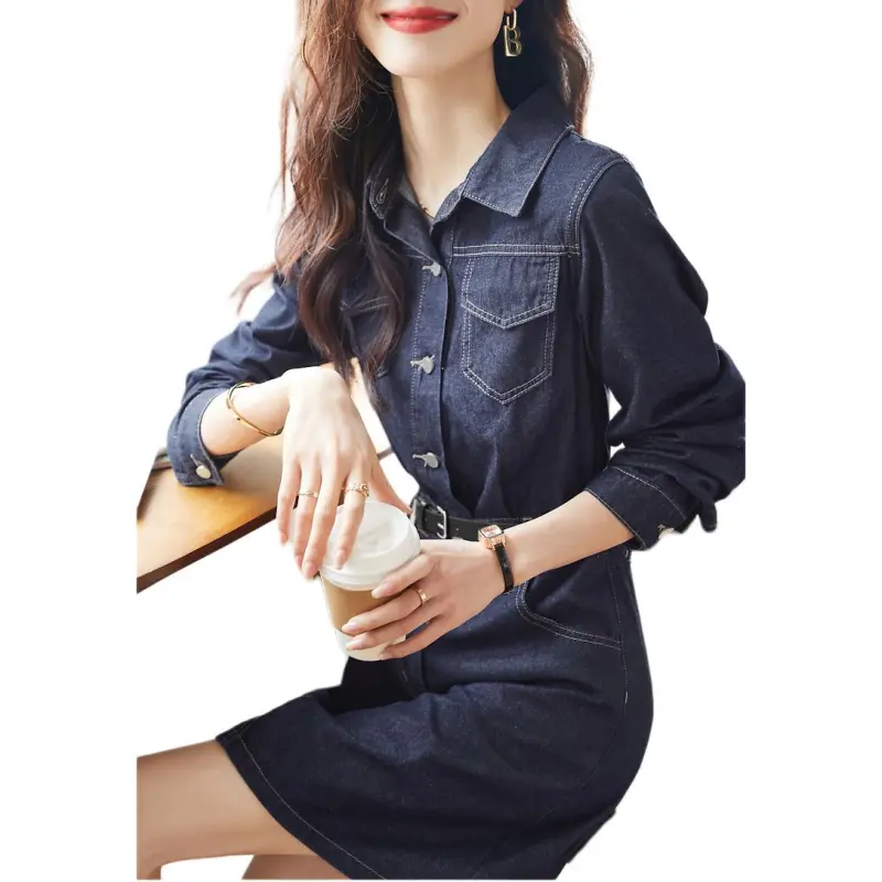 Mo Han Yi Mei Long Sleeved Dress Women's Denim Blue-3