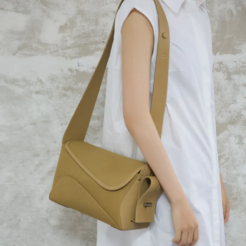 STAR TOWN Cow Split Leather Ribbon Bag Handbag Crossbody Bag Medium Size Women's Almond Yellow/Seaweed Green-2