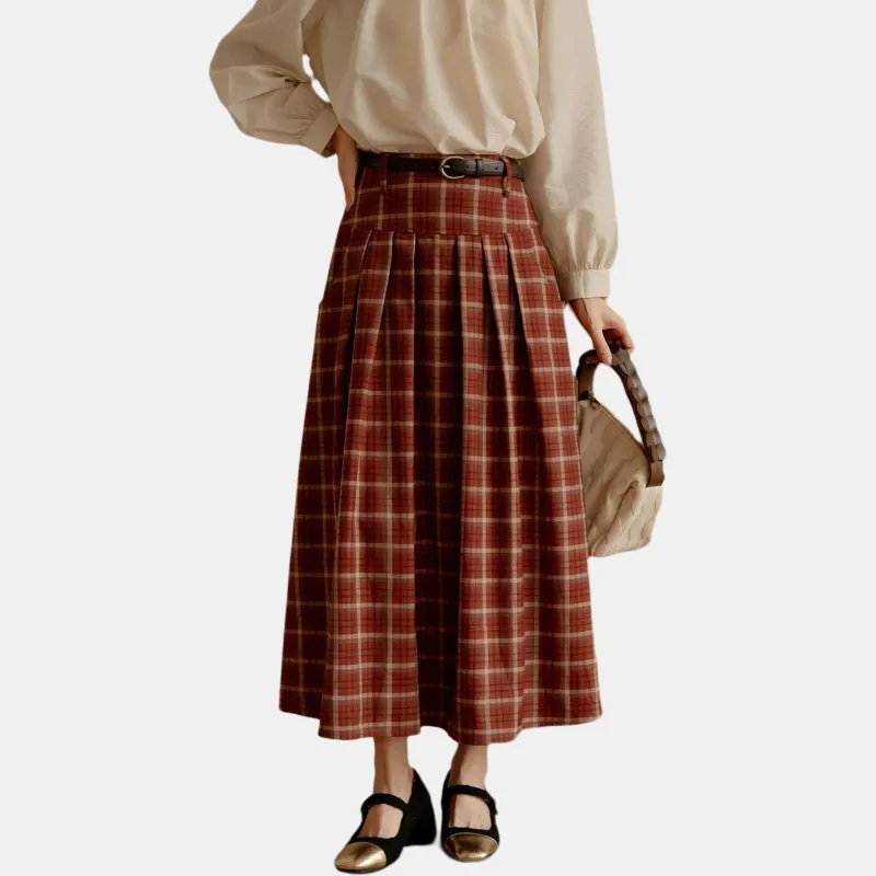 MISHOW Casual Long Skirts Women's Red Plaid-2