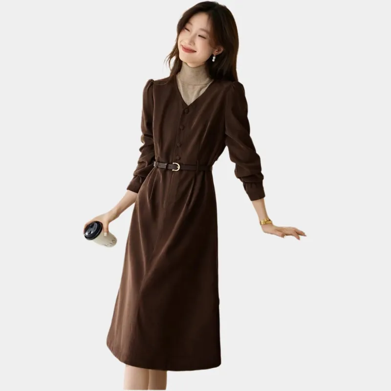 Mo Han Yi Mei Long Sleeved Dresses Women's Dark Coffee-2
