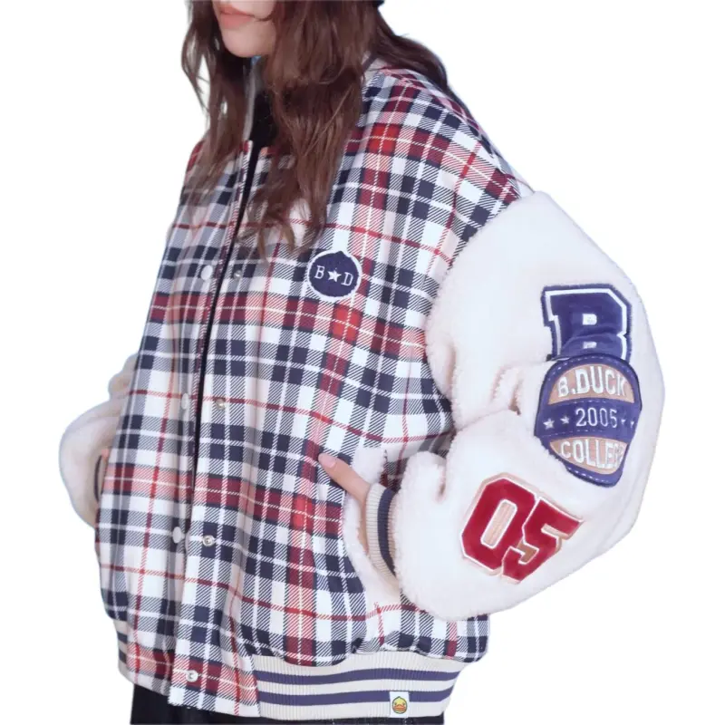 B.Duck Baseball Jacket Women's Red Blue Plaid-1
