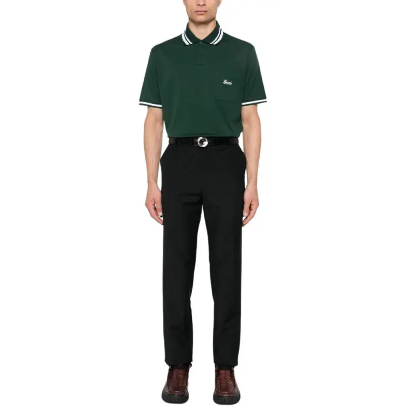 GUCCI Stripe Trim Logo Embroidered Polo Shirt-1