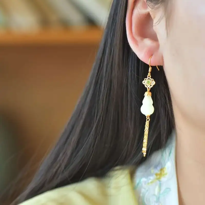 Grace Hetian Jade Earrings Pale Greenish White Jade Women's-6