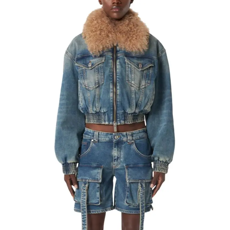 Blumarine Oversized Collar Zip Up Cropped Denim Jacket-3