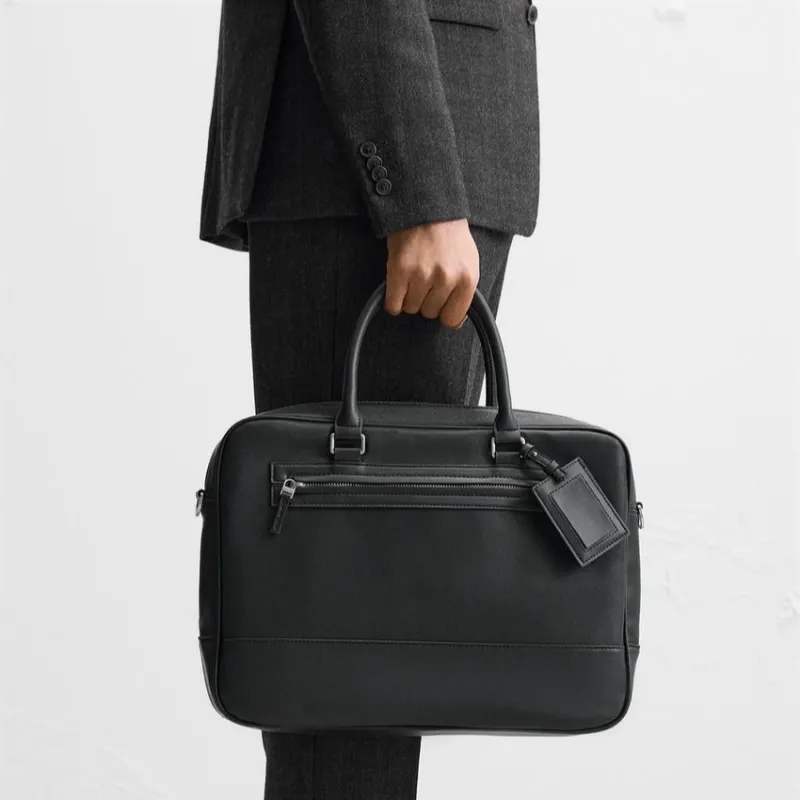 ZARA PU Polyurethane One Shoulder Crossbody Portable Briefcases Men's Black-3