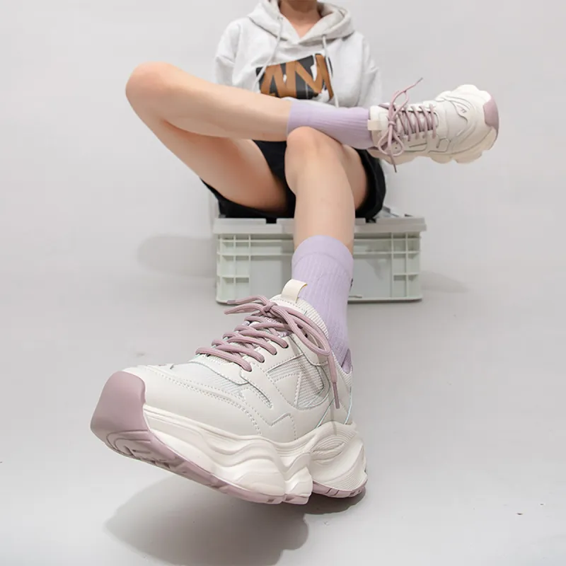 Warrior Cushioning Abrasion Resistant Breathable Low Top Chunky Sneakers Women's Beige Purple-3