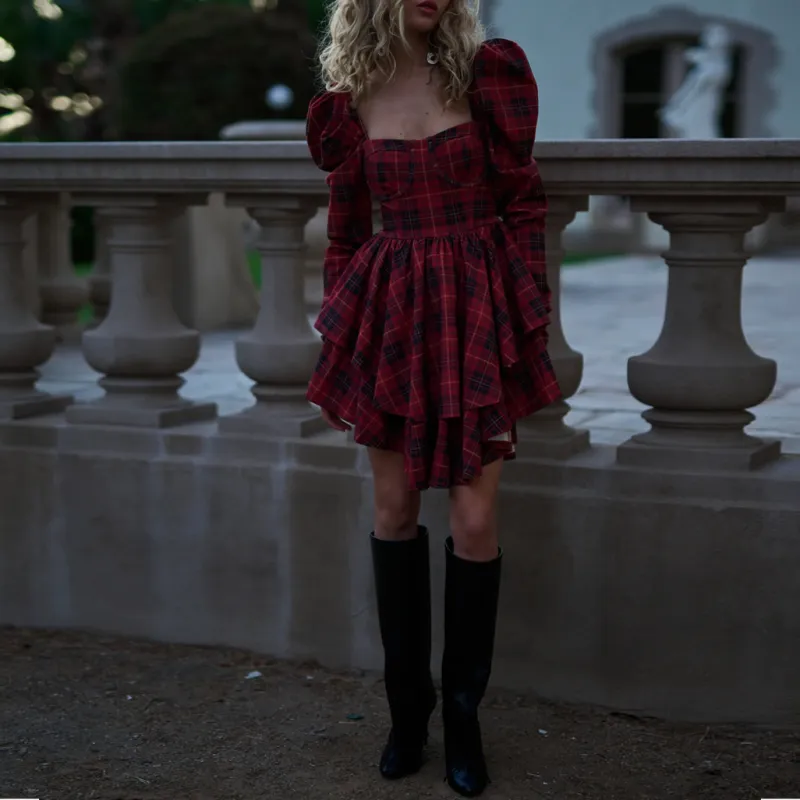 Selkie Collection FW24 Long Sleeved Dresses Women's ROYAL TARTAN Red Background Classic Square Print-2