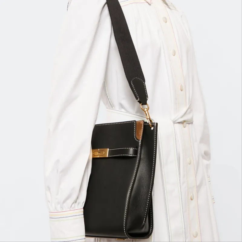 TORY BURCH Lee Radziwill Leather With Suede Trim Bucket Bag, Shoulder Bag, Crossbody Bag Women's Black-4
