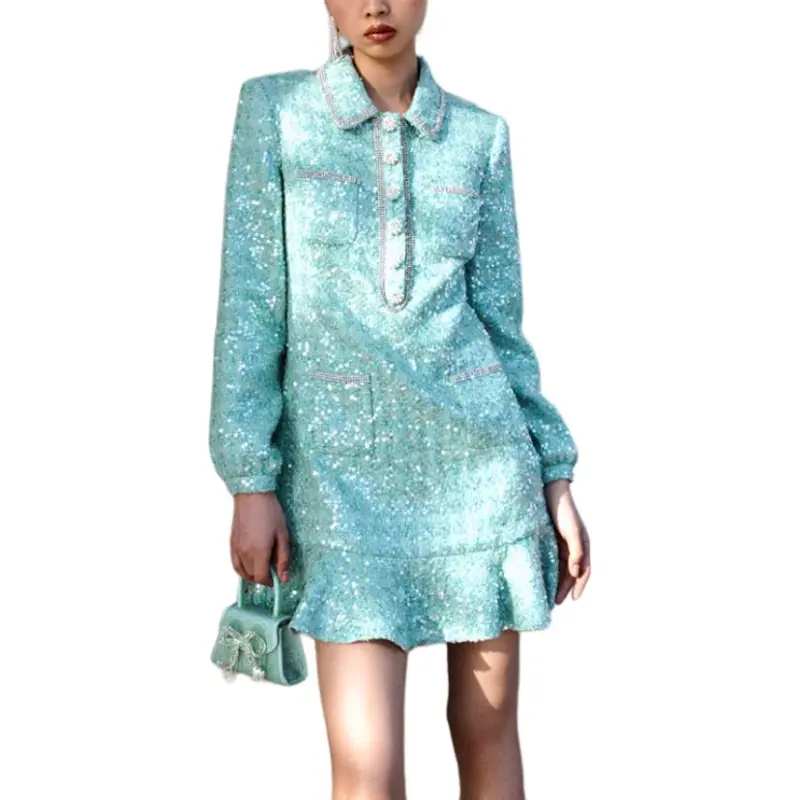 Self portrait Long Sleeved Dresses Women's Green Mixed Color-3