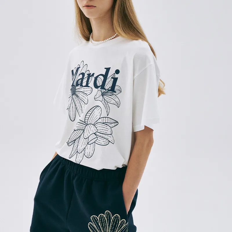 MARDI MERCREDI Three Flowers Collection SS25 T-Shirt Women's Ivory Navy Blue Korean Style-4