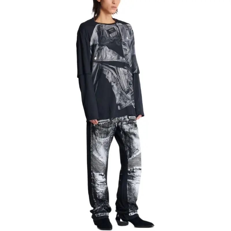 BALMAIN Biker Jacket Printed Long Sleeved T Shirt-4