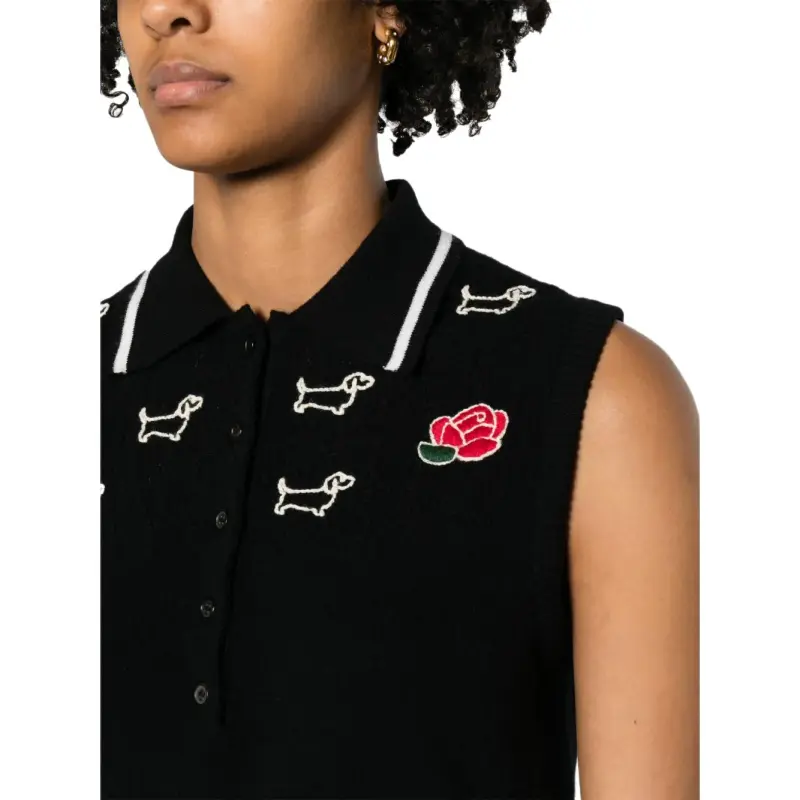 THOM BROWNE Hector Embroidered Knitted Polo Top-7