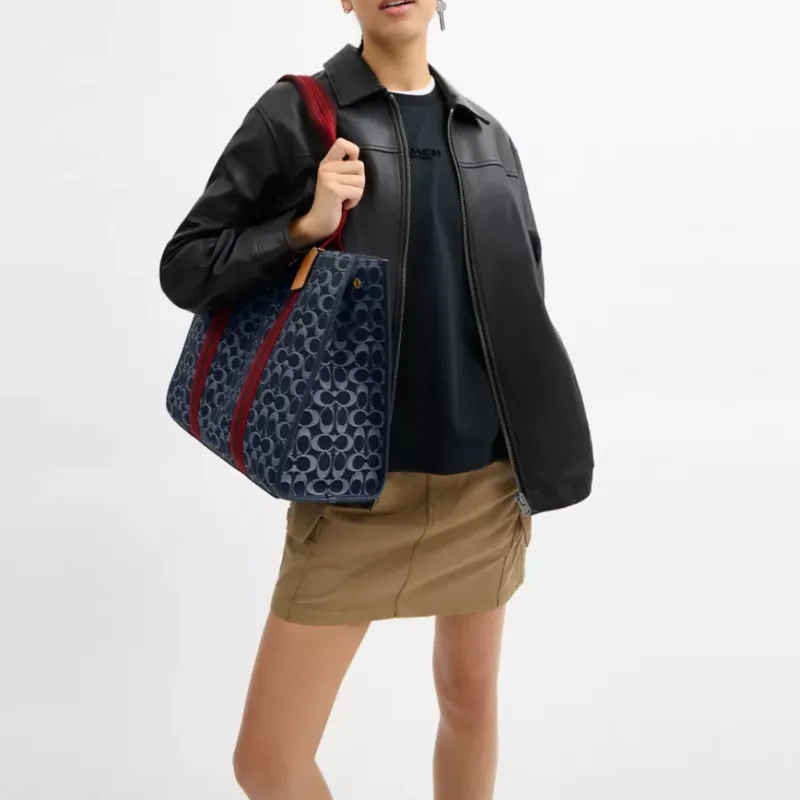 COACH Denim With Leather Tote Bag, Shopping Bag, Handbag Tubas Women's Denim Blue-3