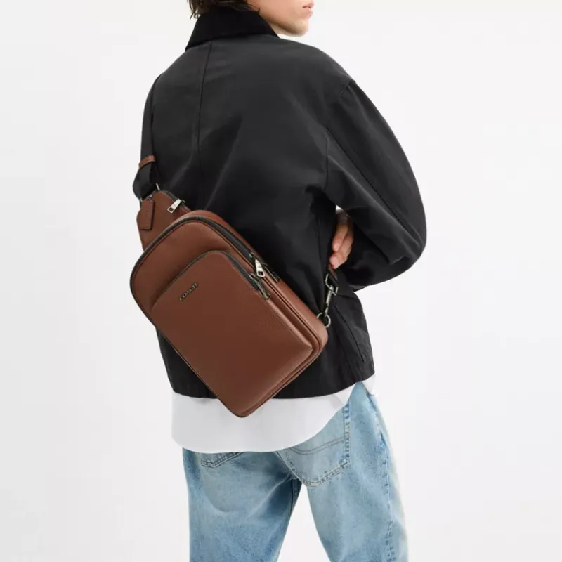 COACH ETHAN Litchi Grain Leather Sling Bag Regular Men's Saddle Brown-4