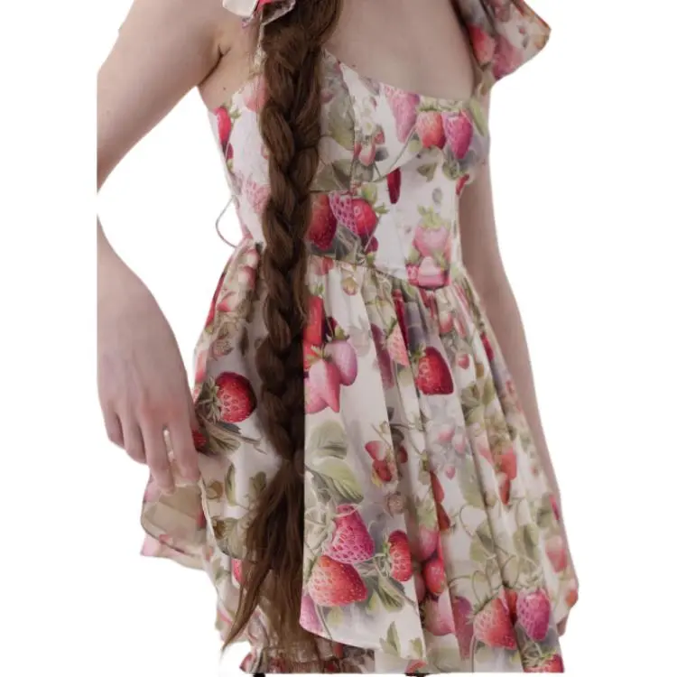 Selkie Collection SS24 Short-Sleeved Dresses Women's Light Apricot Base With Strawberry Print-3
