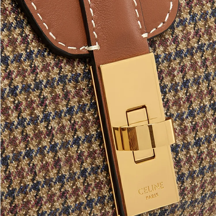 CELINE 16 Plaid Velvet Fabric With Calfskin Shoulder Bag Crossbody Bag Women's Beige/Tan-4
