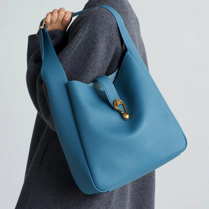 Simedin Cow Split Leather Bucket Bag Shoulder Bag Large Size Women's Bondi Blue/Elephant Gray-6